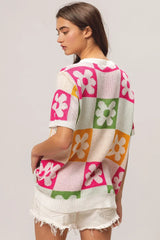 Trendsi BiBi Flower Checker Pattern Lightweight Sweater Top -