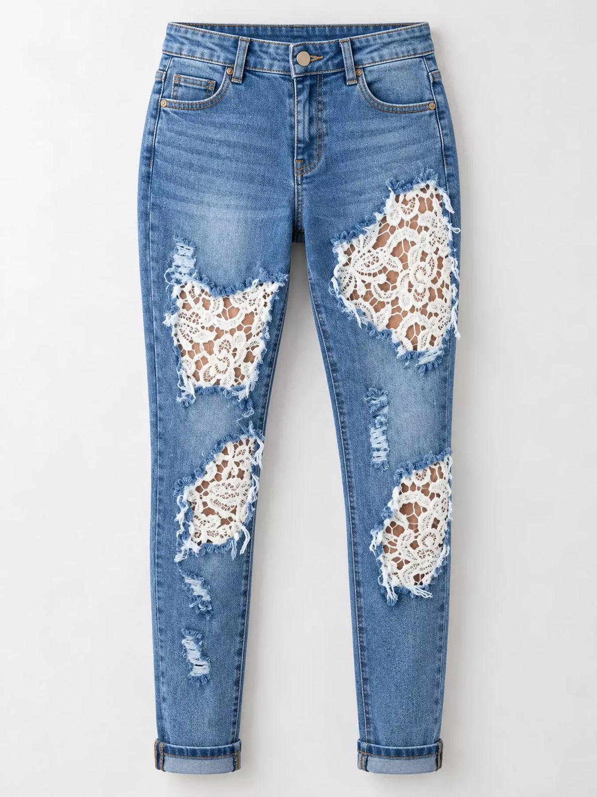Distressed Lace Skinny Jeans in blue, front view