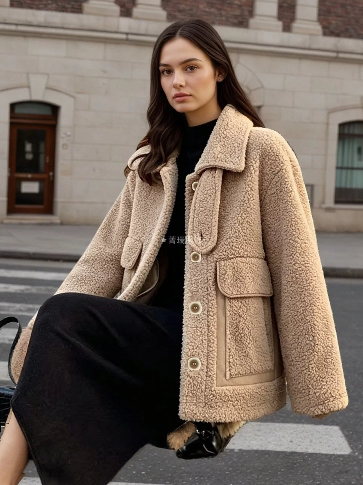 Camel Color Sherpa Button-Up Outerwear front view