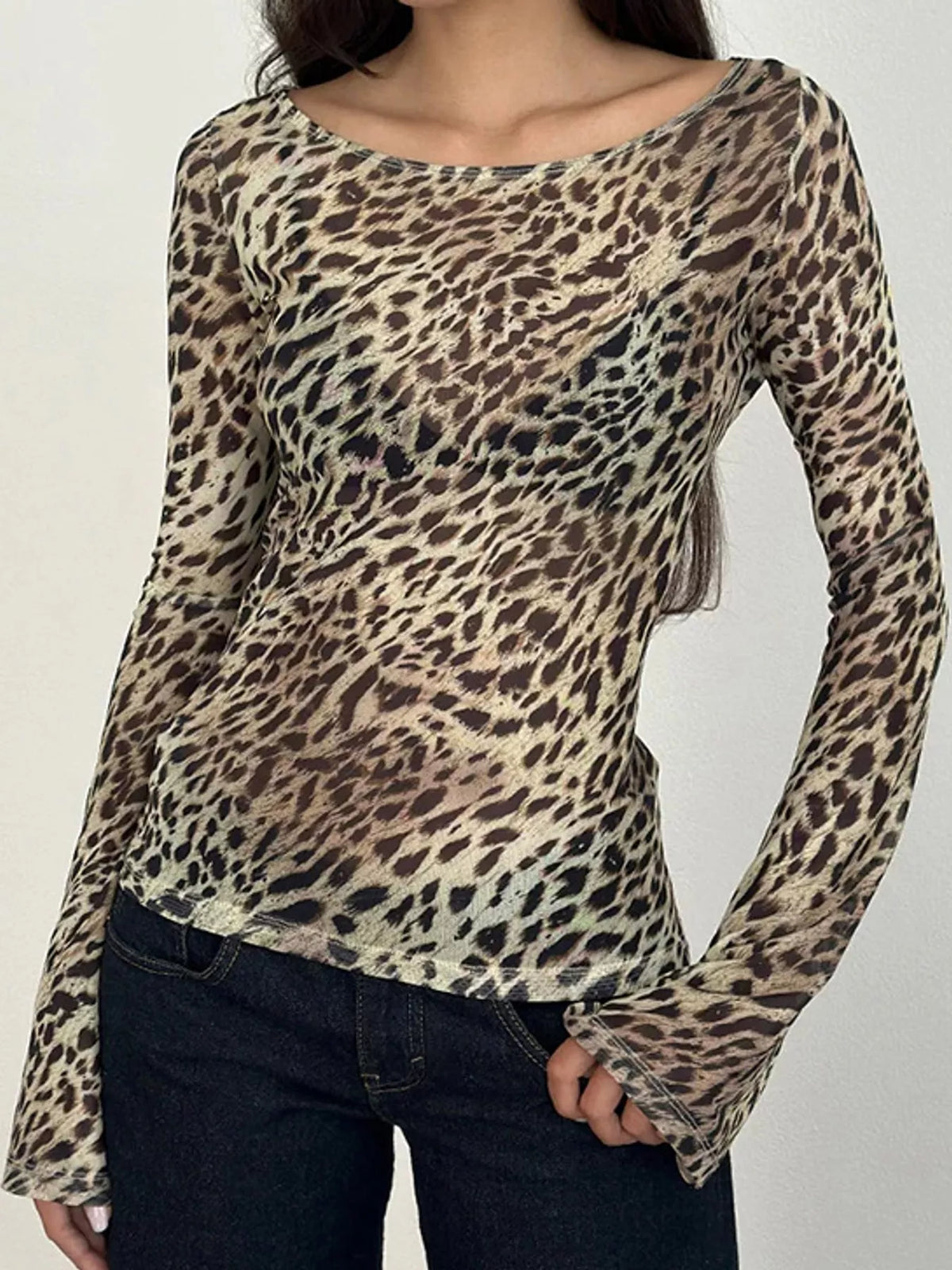 Boat neck long sleeve t-shirt, front view on model