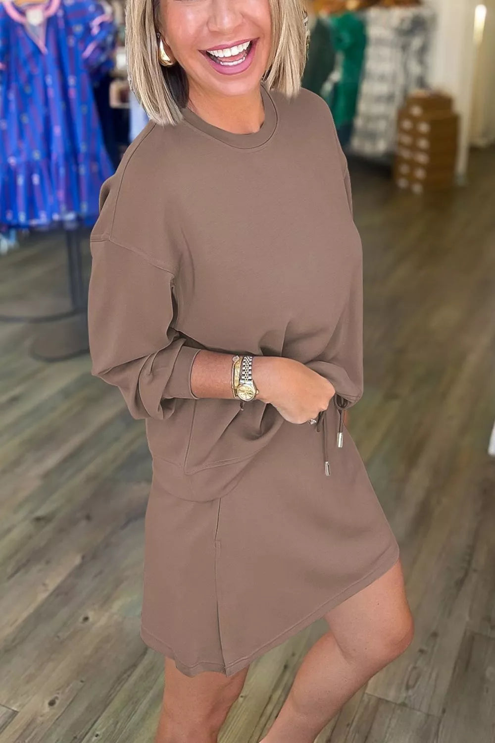 Trendsi Solid Color Drop Shoulder Pullover Drawstring Mini Skirt 2pcs Outfit -