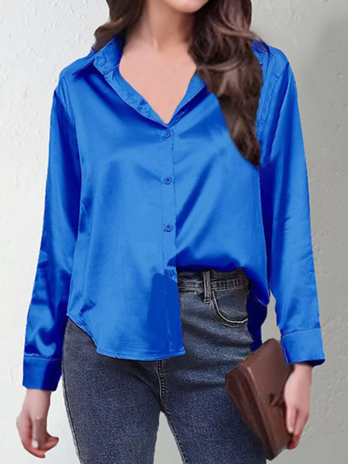 Royal Blue satin button-down long sleeve shirt