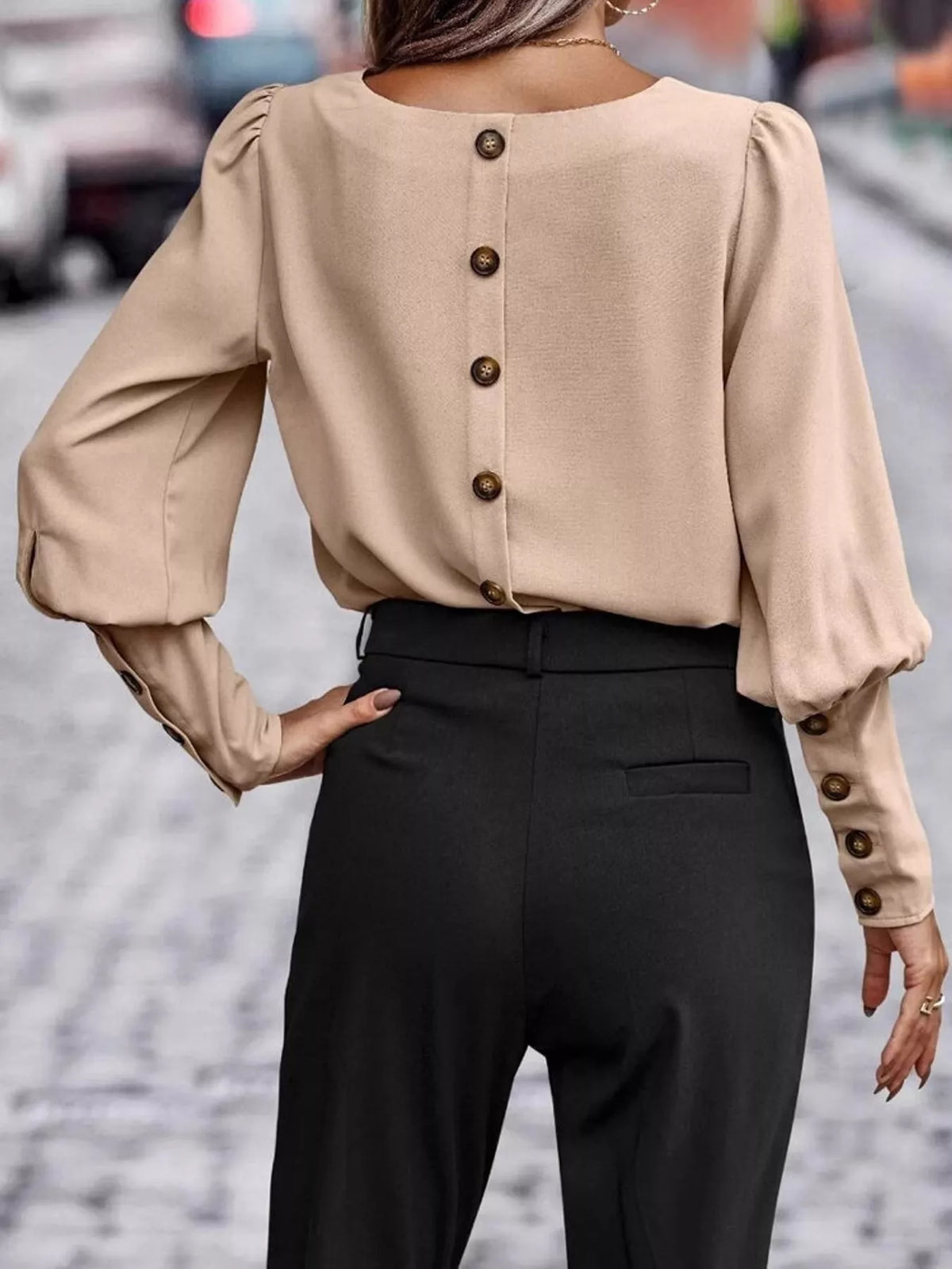 Decorative Button Lantern Sleeve Blouse — back view