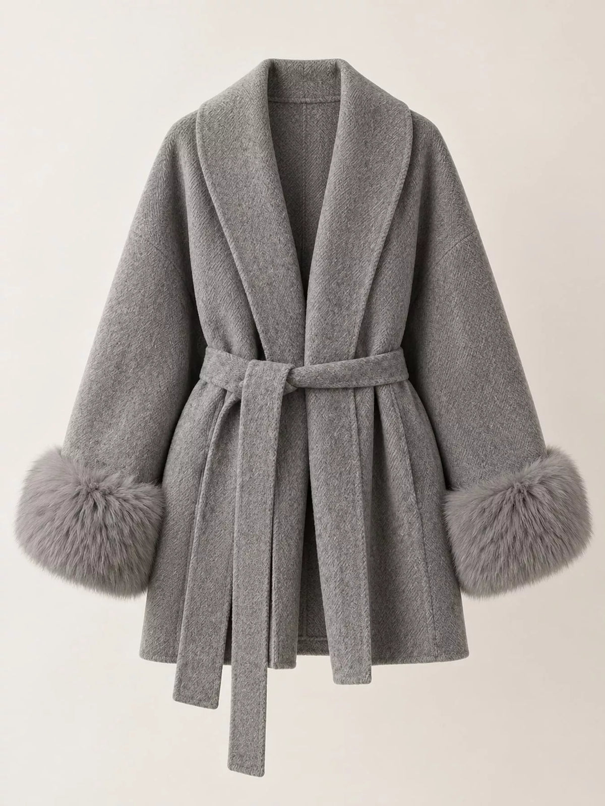 Gray tie-waist coat with faux fur cuffs — front view