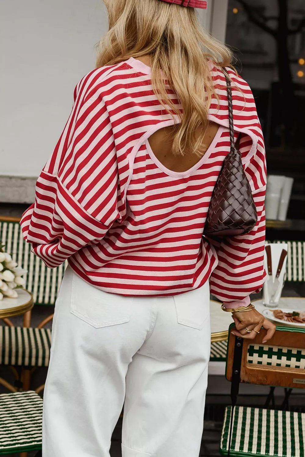 Trendsi Cutout Back Striped Round Neck Sweatshirt -