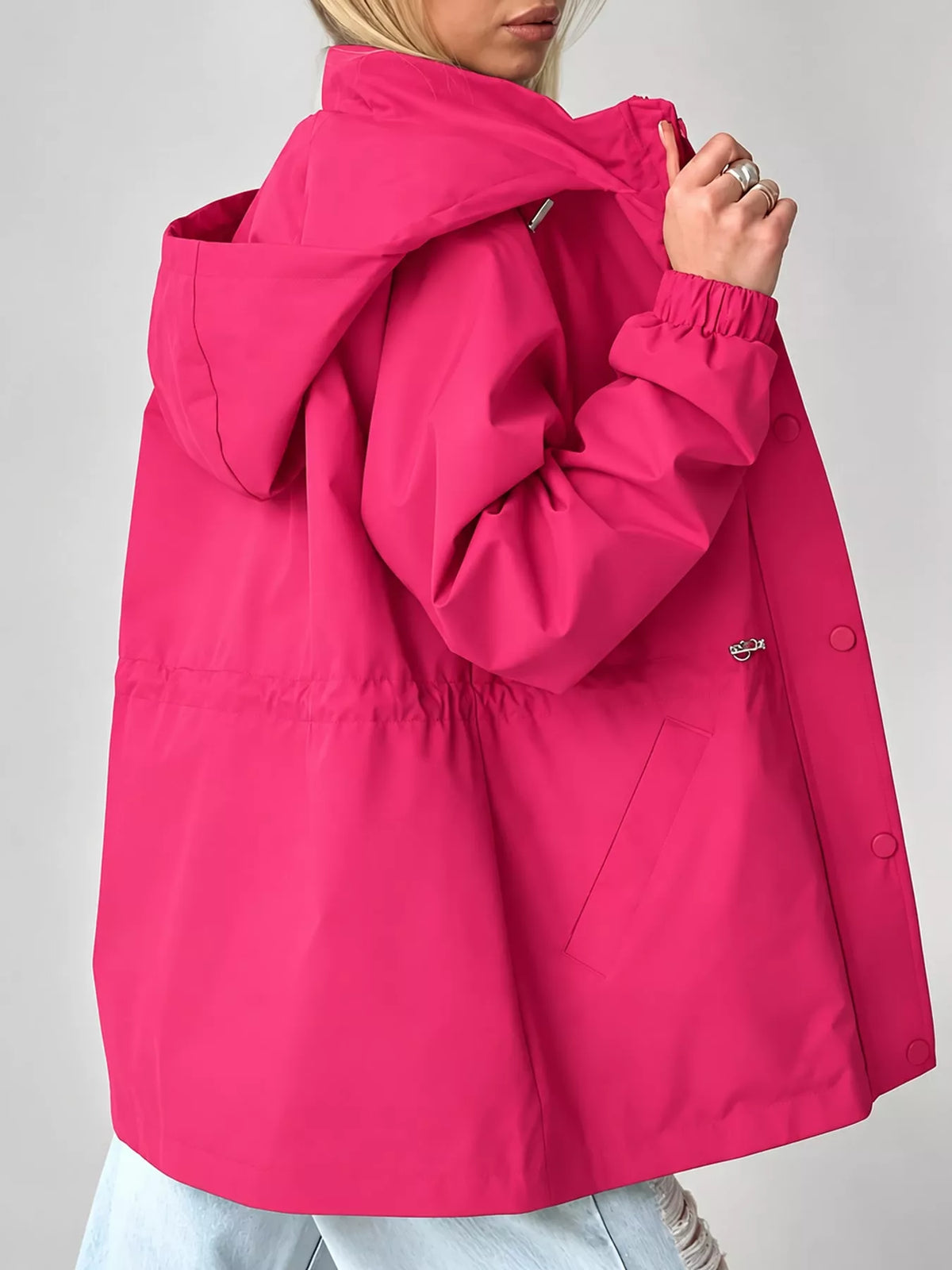 Hot Pink hooded drawstring waist windbreaker jacket, back view