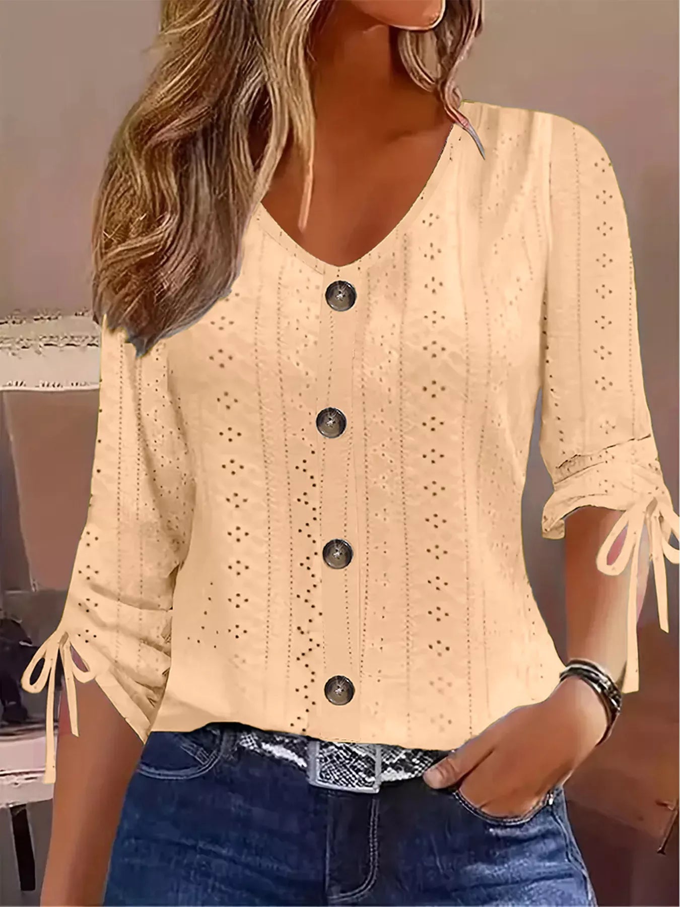 Trendsi Eyelet Tie-Sleeve Detail Top -