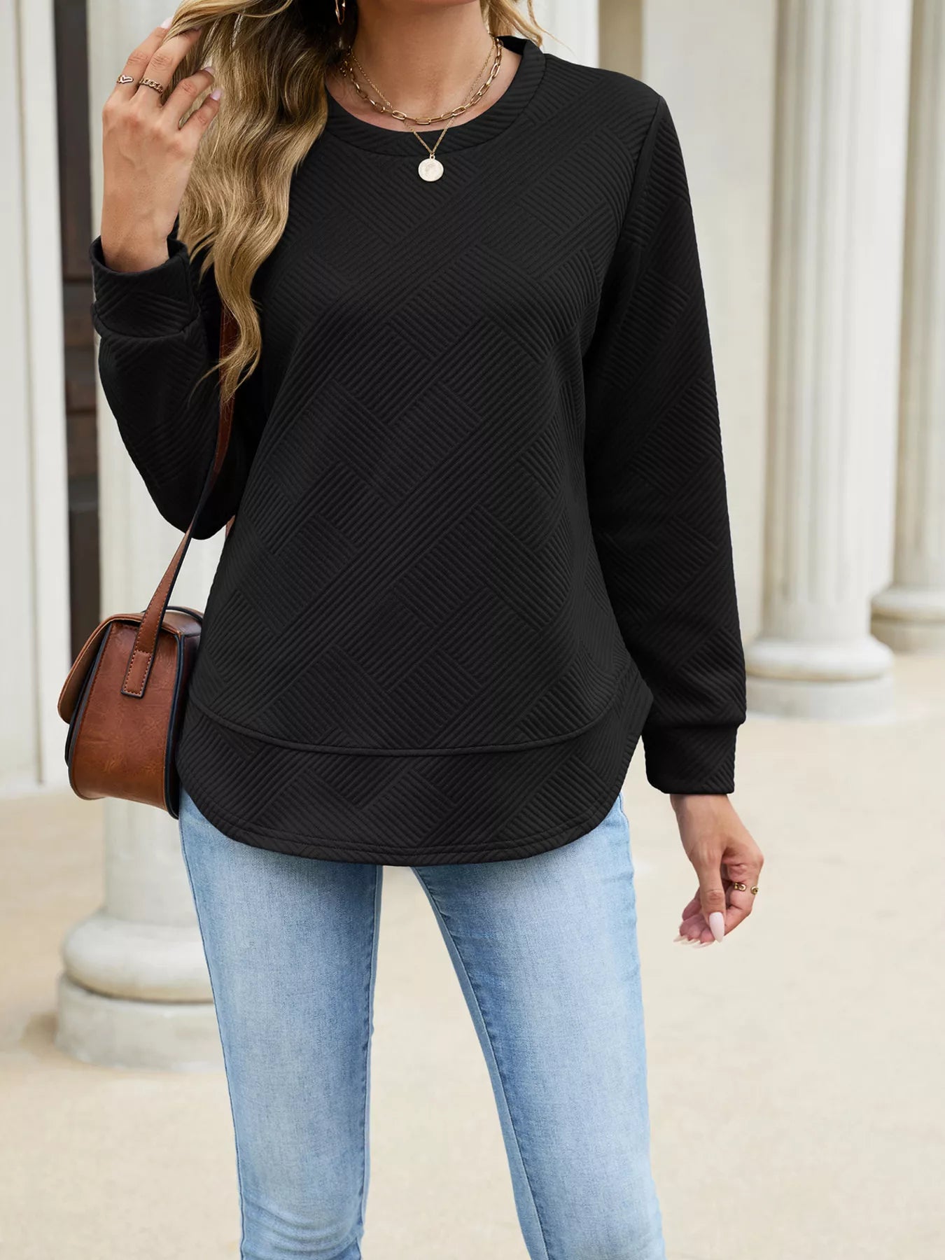 Trendsi Textured Crew Neck Sweatshirt -