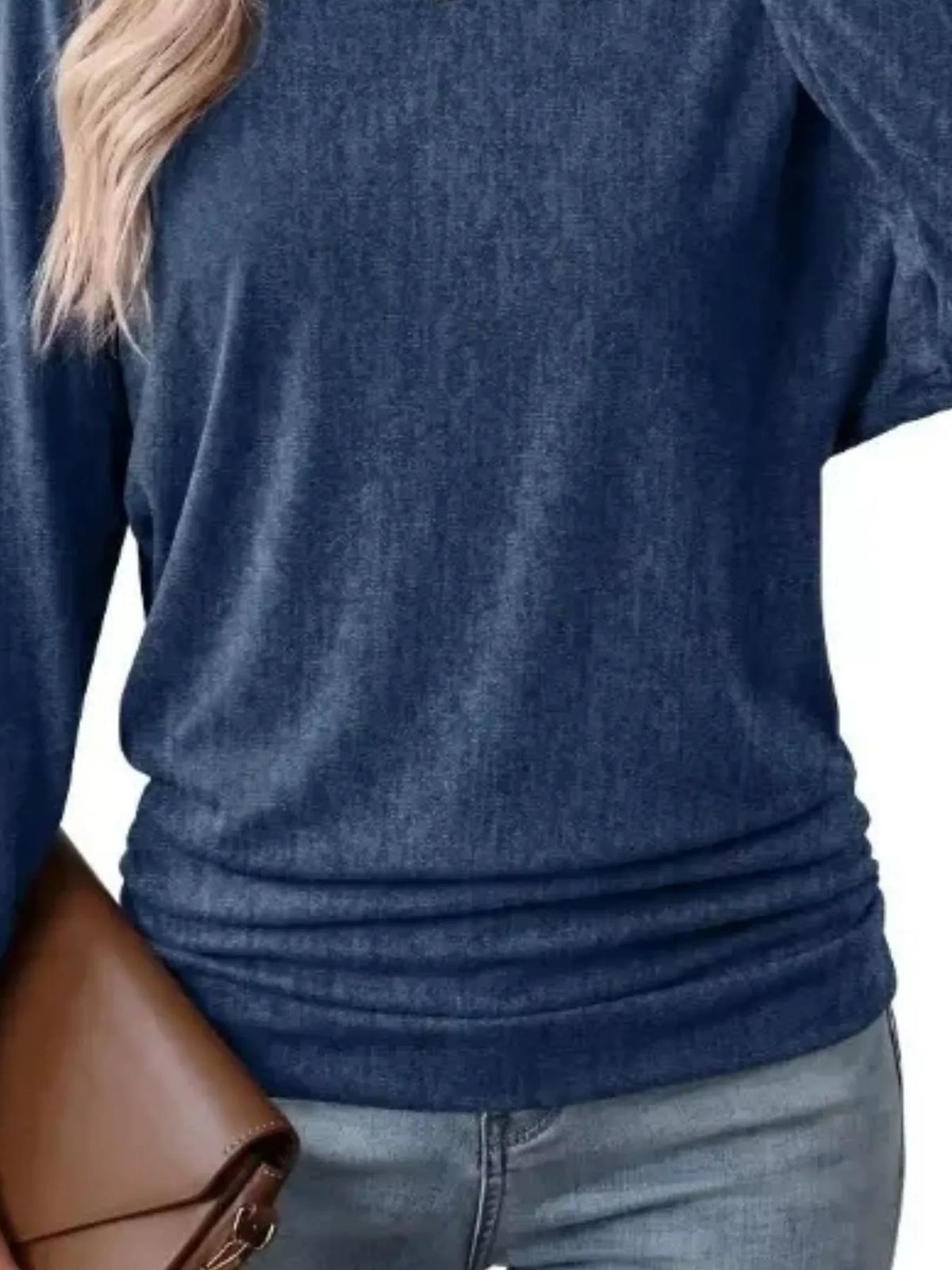 Navy crew neck t-shirt with ruched hem, knit texture and gathered lower hem