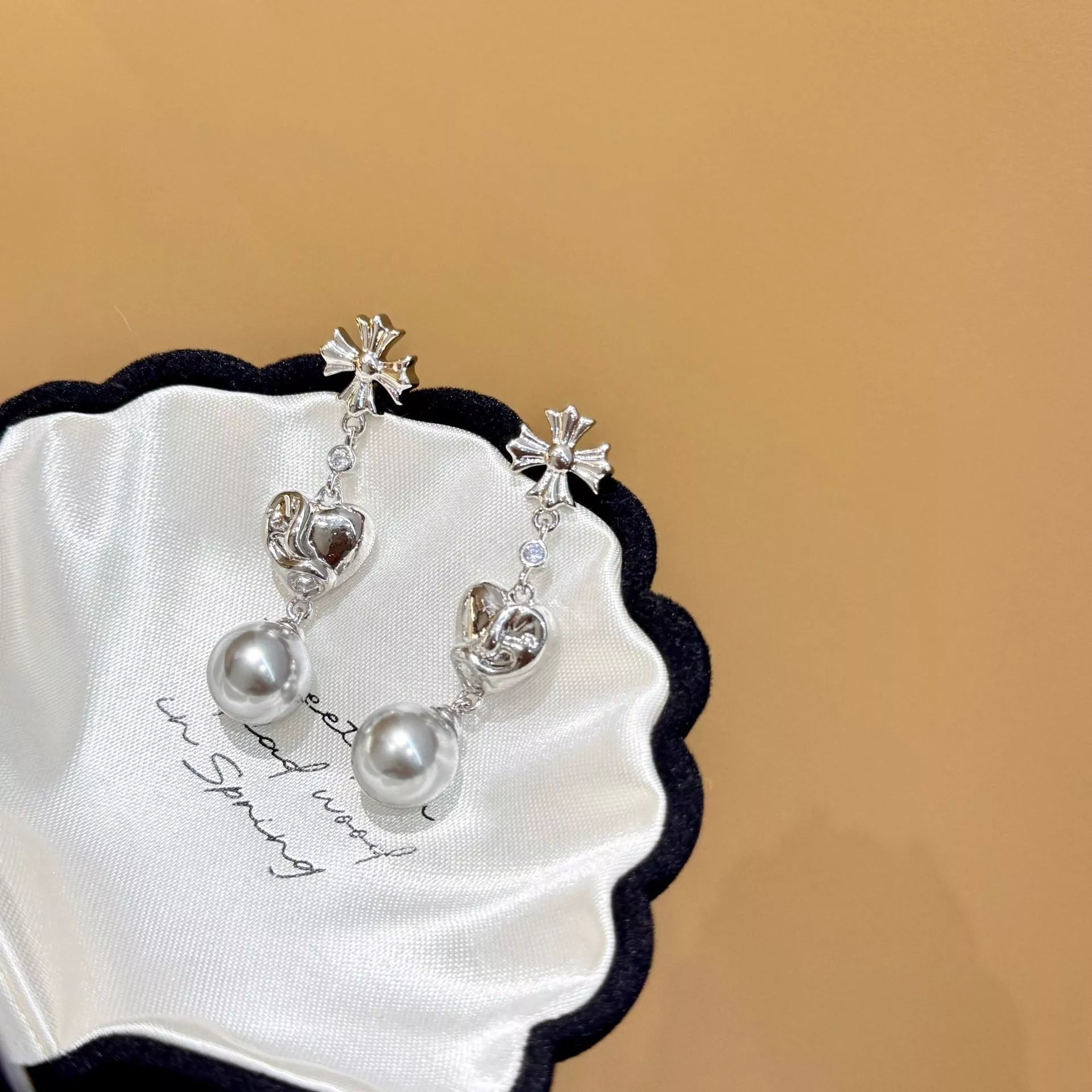 Women's Pearl Heart Drop Earrings Silver Cross Zircon Alloy