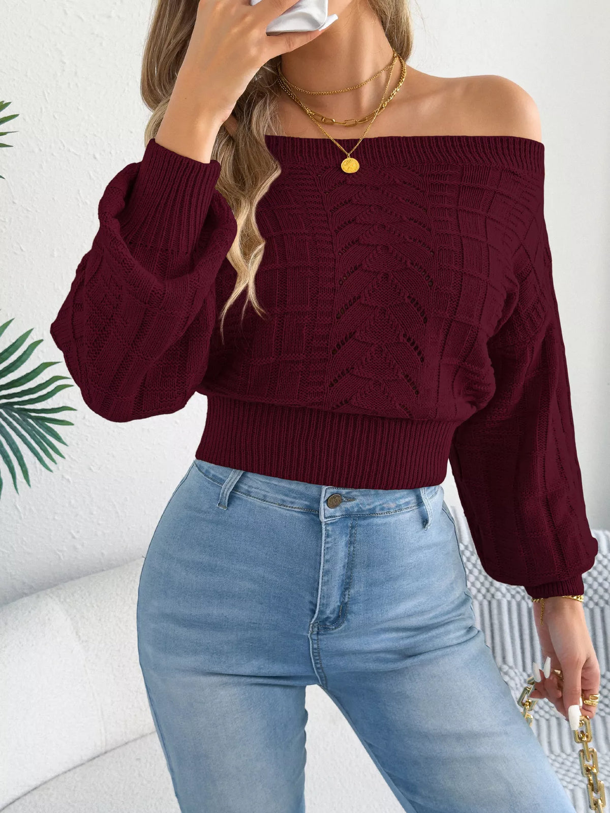 Burgundy off-shoulder openwork cropped sweater
