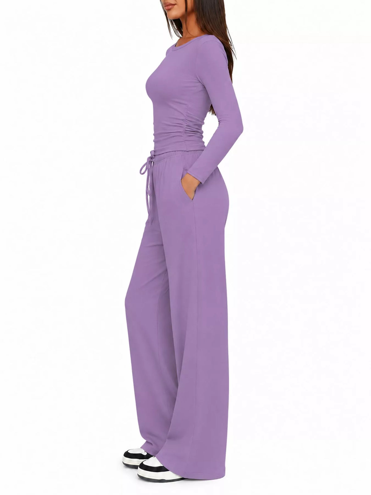 Long Sleeve Top and Wide-Leg Drawstring Pants Set — side view