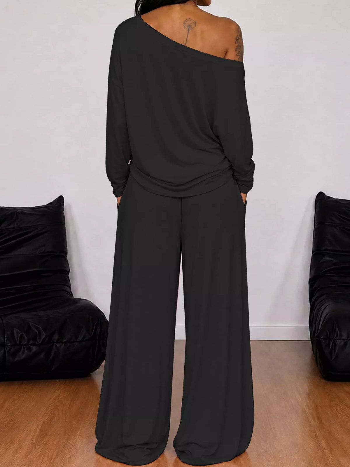 Off-Shoulder Striped Long Sleeve Top and Wide Leg Pants Set, back view in black