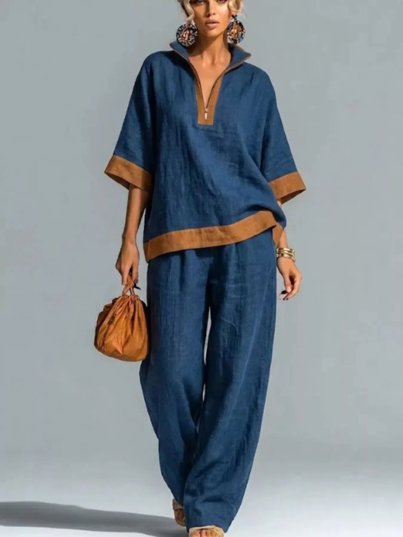 Trendsi Full Size Contrast Trim Top and Wide Leg Pants Set Plus Size -