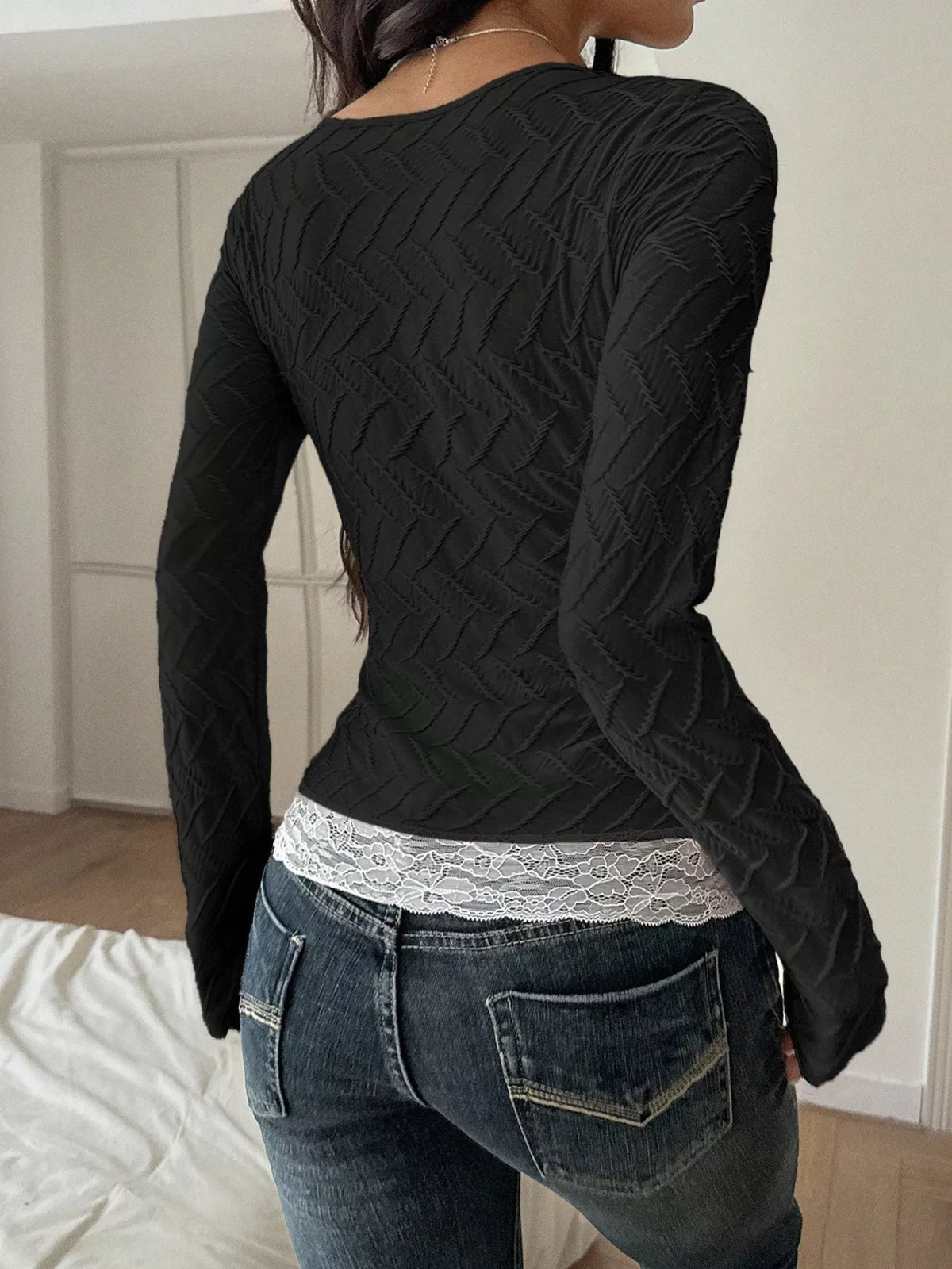 Black square-neck lace-trim top, back view