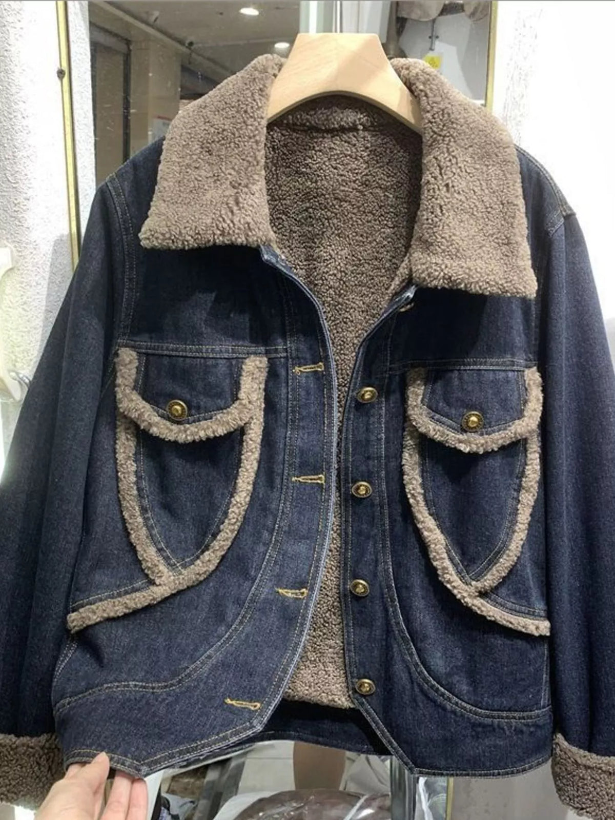 Sherpa-Lined Denim Jacket with Contrast Trim — garment front