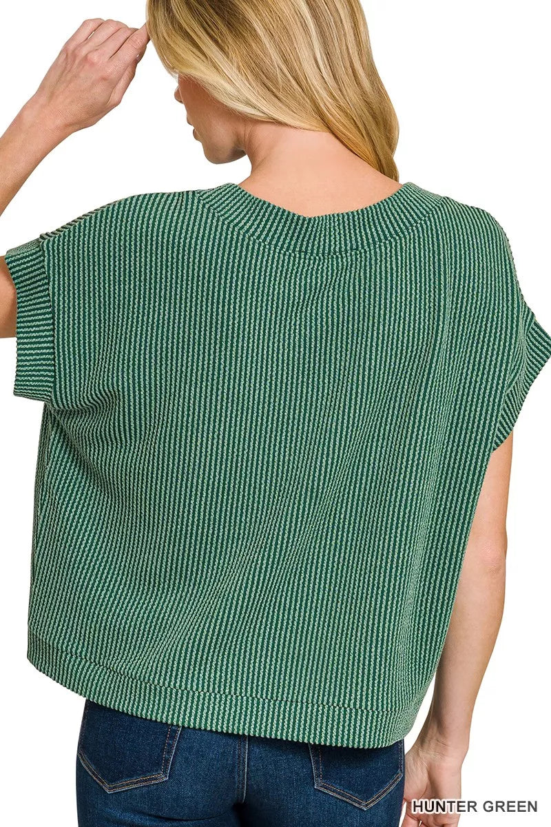 Women's Hunter Green Ribbed Cap Sleeve Relaxed-Fit Top — product view 3