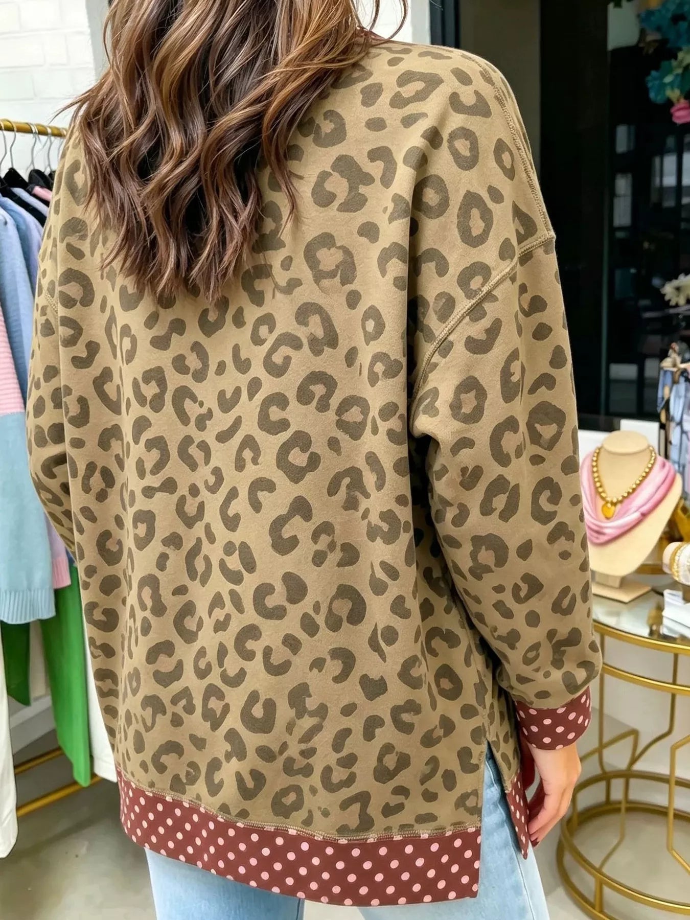 Trendsi Side Slit Leopard Sweatshirt with Polka Dot Trim -