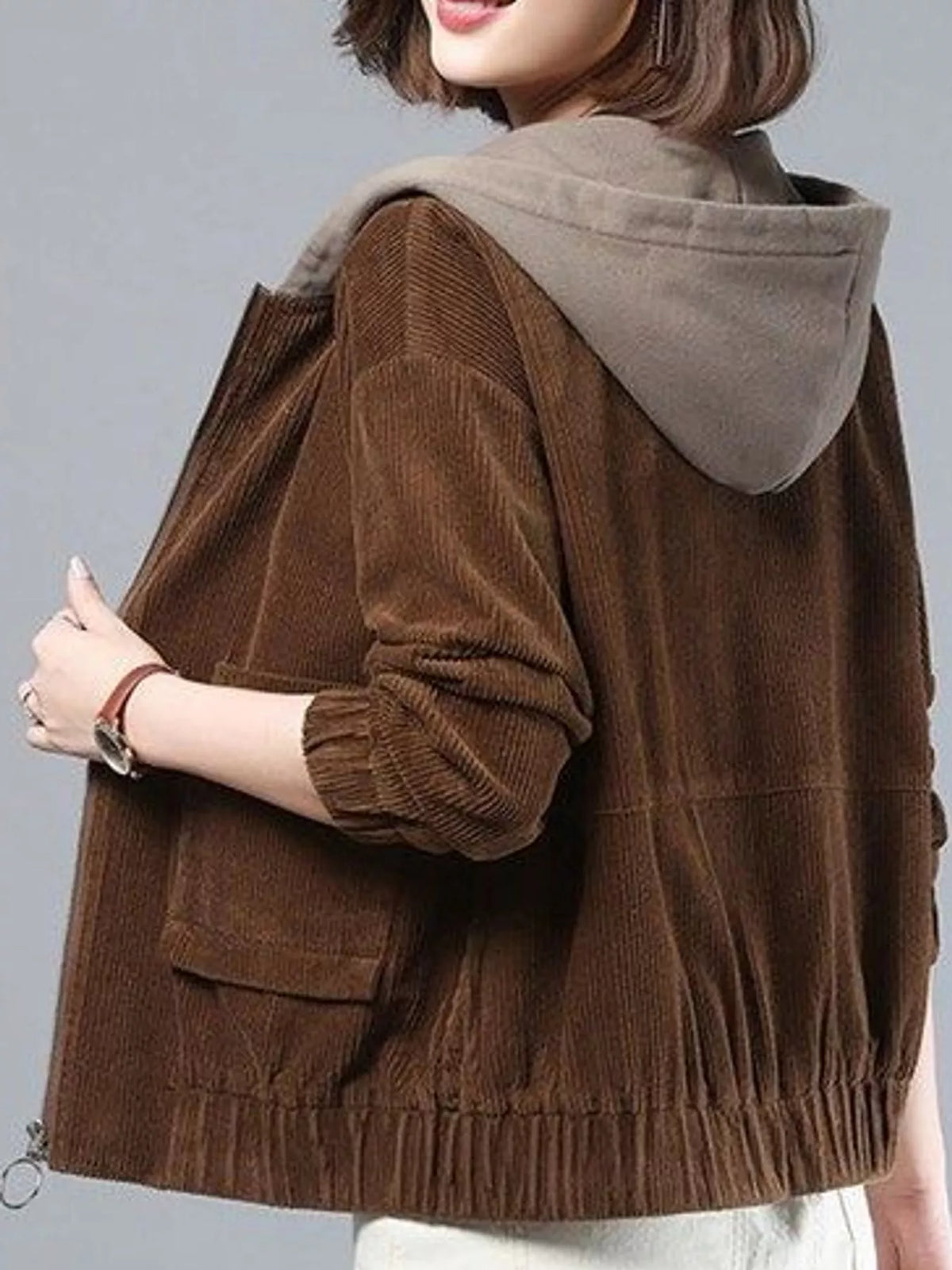 Brown corduroy hooded zip-up jacket — back view