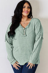 Trendsi Basic Bae Full Size Ribbed Half Button Long Sleeve T-Shirt -