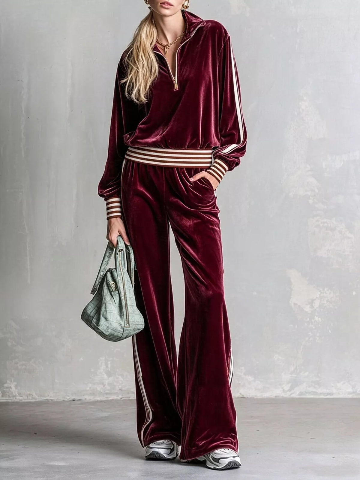 Burgundy striped half-zip top and pants set, front view