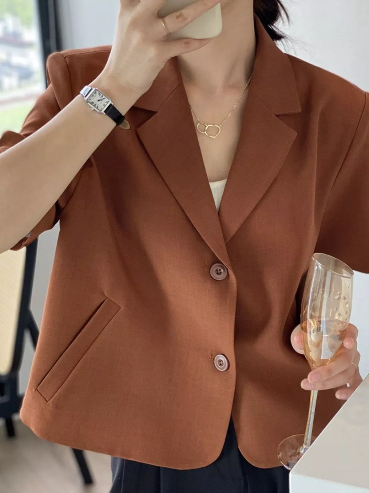 Collared short sleeve blazer, construction and design details
