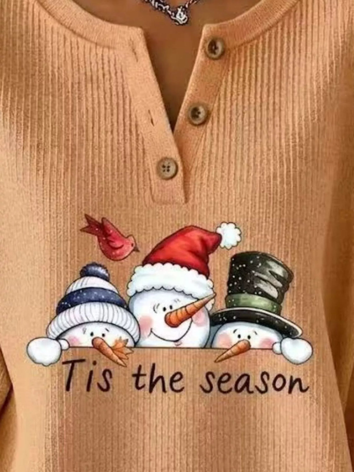 Snowman graphic ribbed Henley sweatshirt in sherbet orange, graphic and button detail