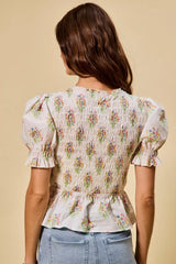 Trendsi SO ME Floral Cotton Smocked Short Sleeves Blouse -