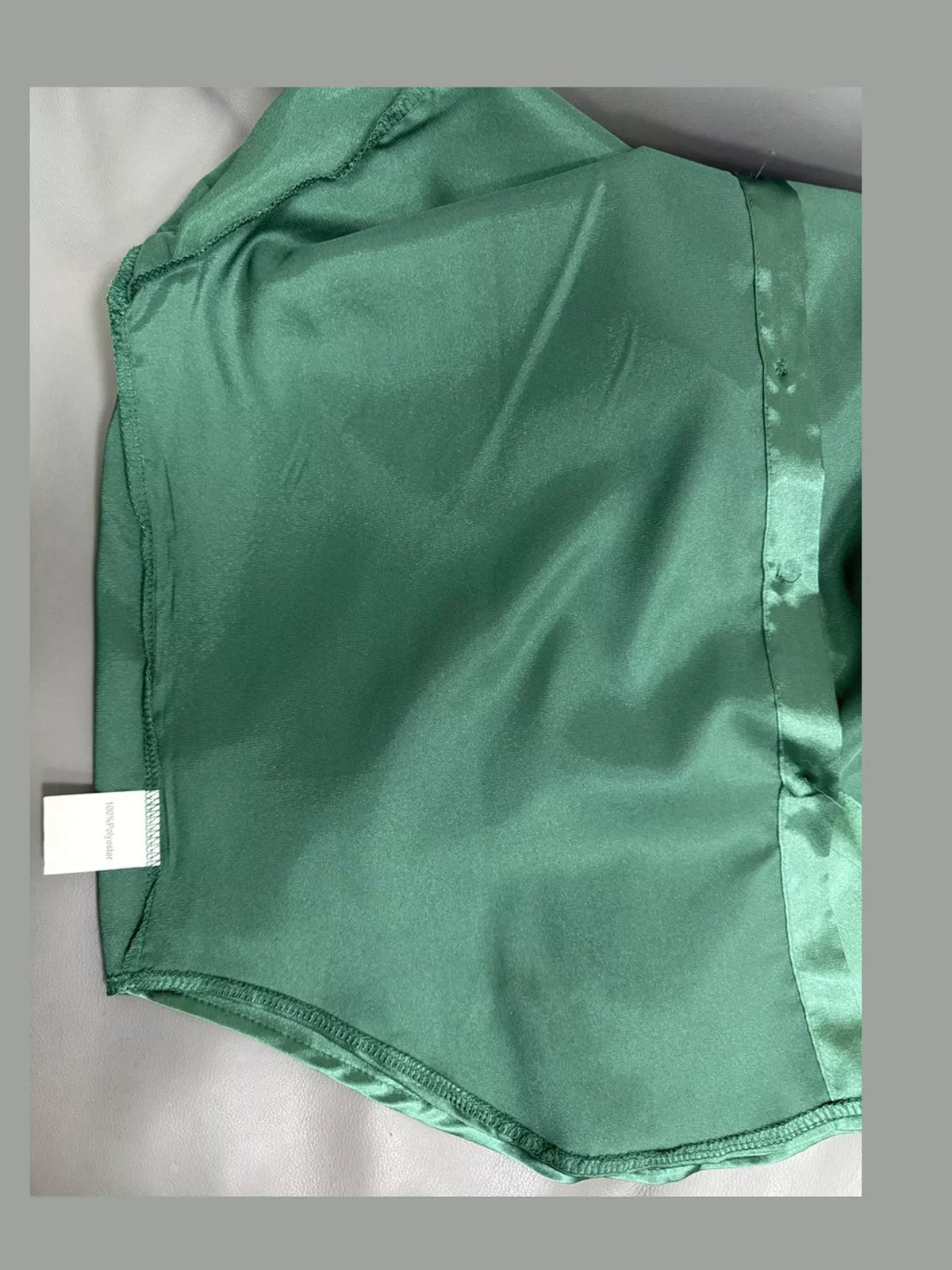 Dark Green satin button-down long sleeve shirt, detail view