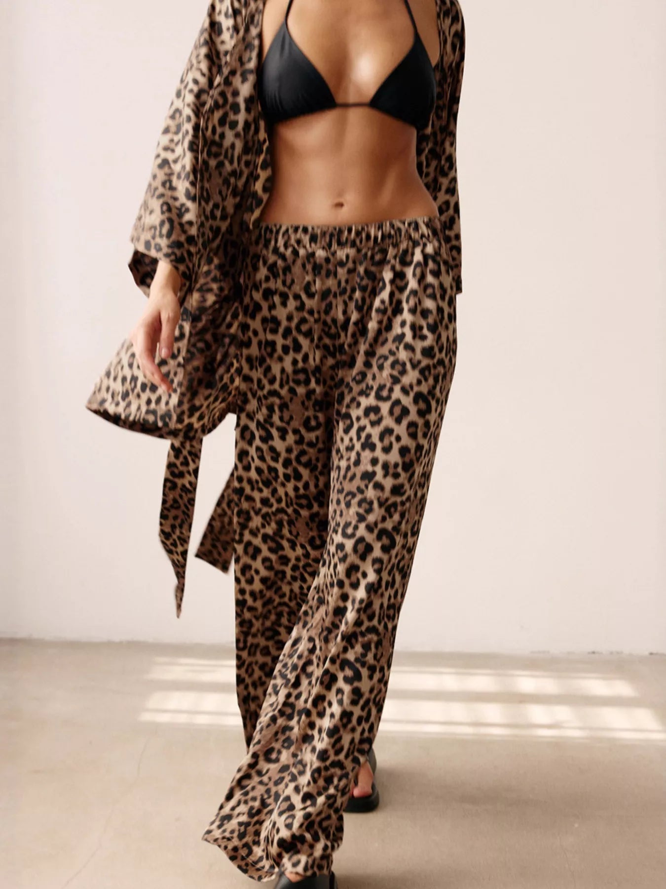Trendsi Leopard Cardigan and Wide Leg Pants Lounge Set -