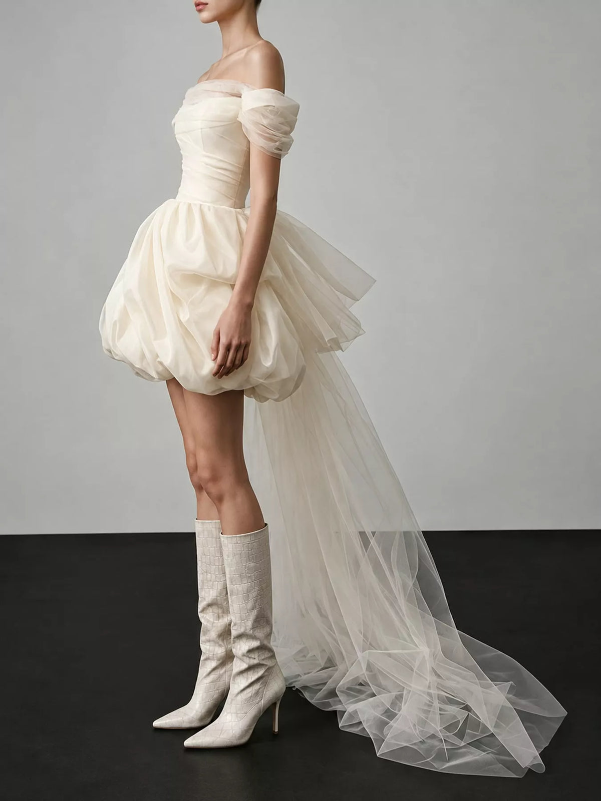 Women's Off-Shoulder Tulle Bubble Mini Dress in cream — side view