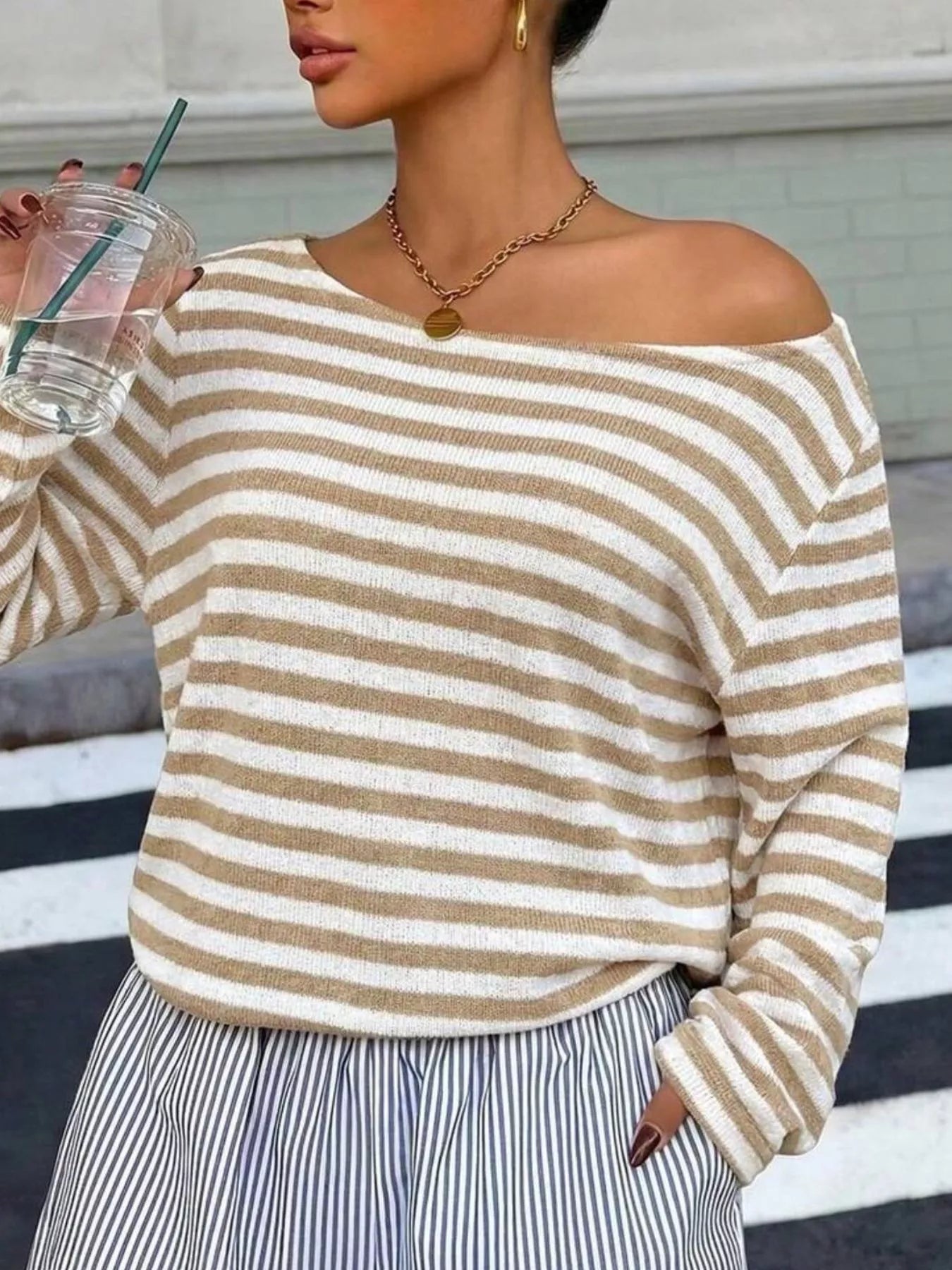 Trendsi Boat Neck Striped Long Sleeve T-Shirt -