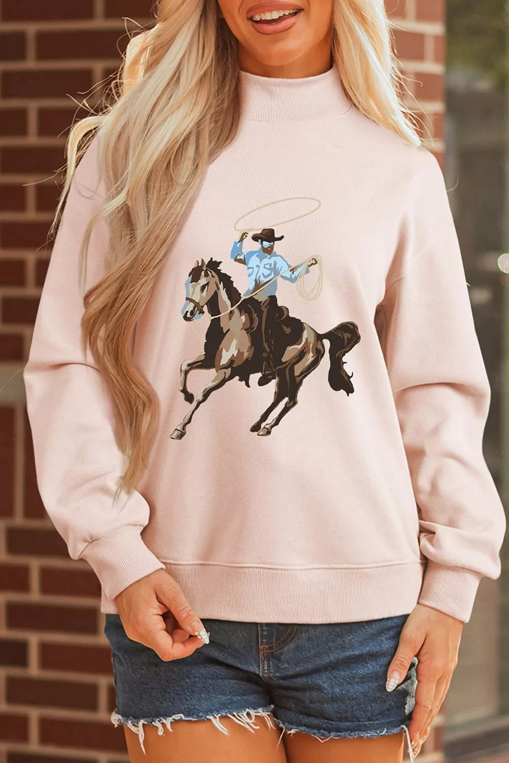 Western cowboy rodeo-print mock-neck sweatshirt