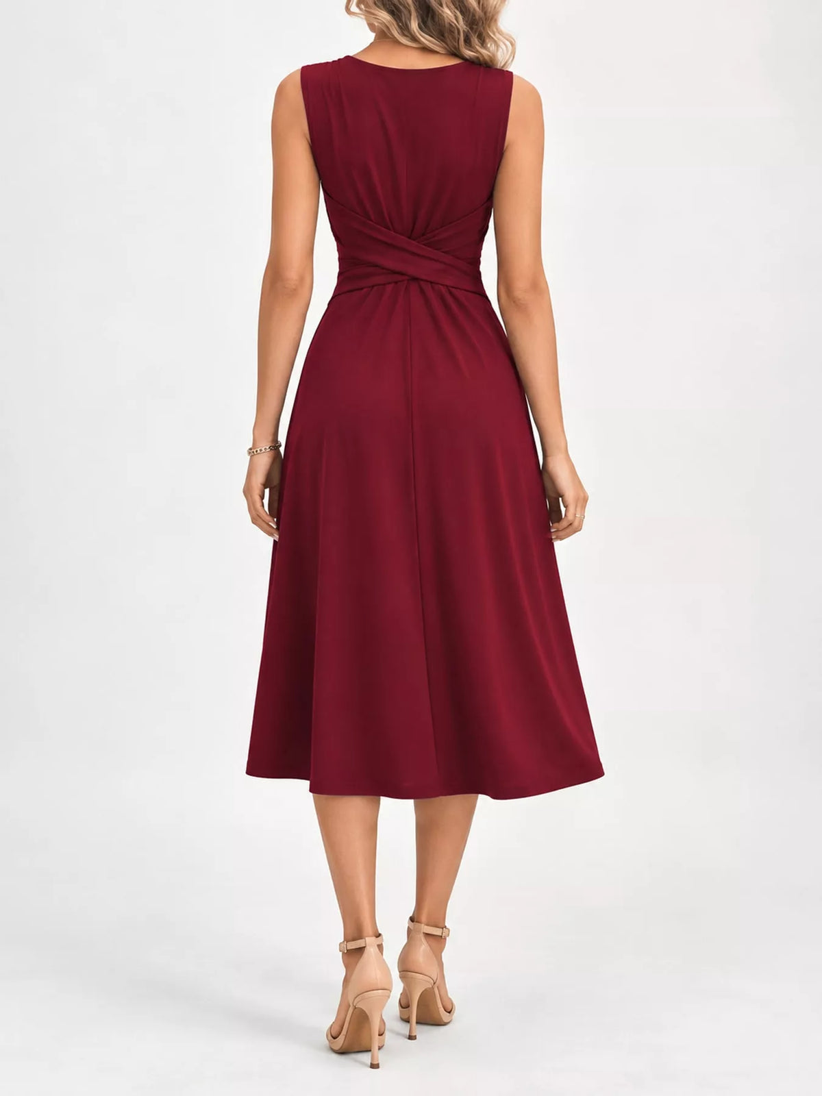 Burgundy sleeveless ruched-front midi dress, back view