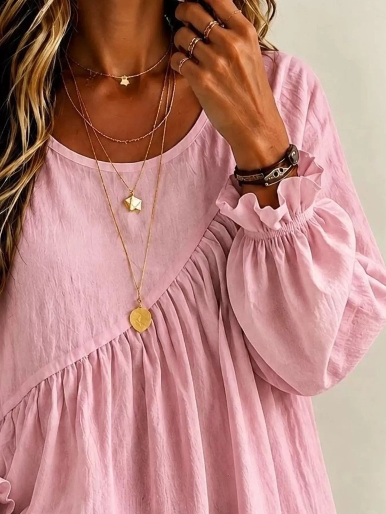 Trendsi Long Sleeve Blouse with Asymmetric Pleated Detail -