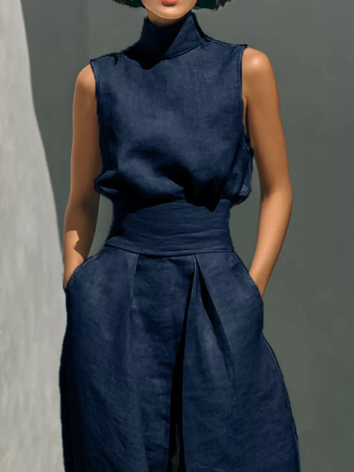 Turtleneck sleeveless top and wide-leg pants set