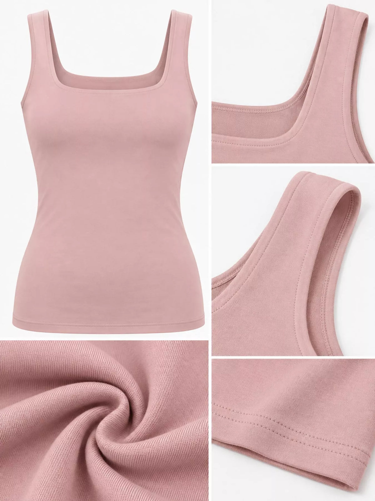 Dusty pink square-neck tank, fabric and neckline detail collage