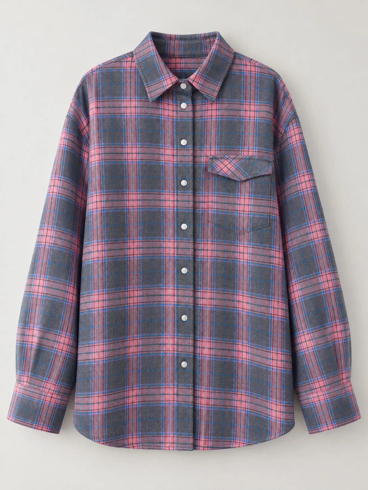 Gray and pink plaid button-down shirt