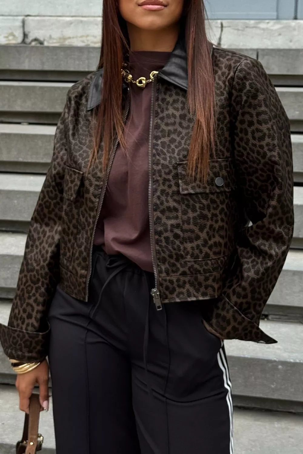 Trendsi Leopard Print Cropped Faux Leather Jacket with Utility Pockets - Outerwear