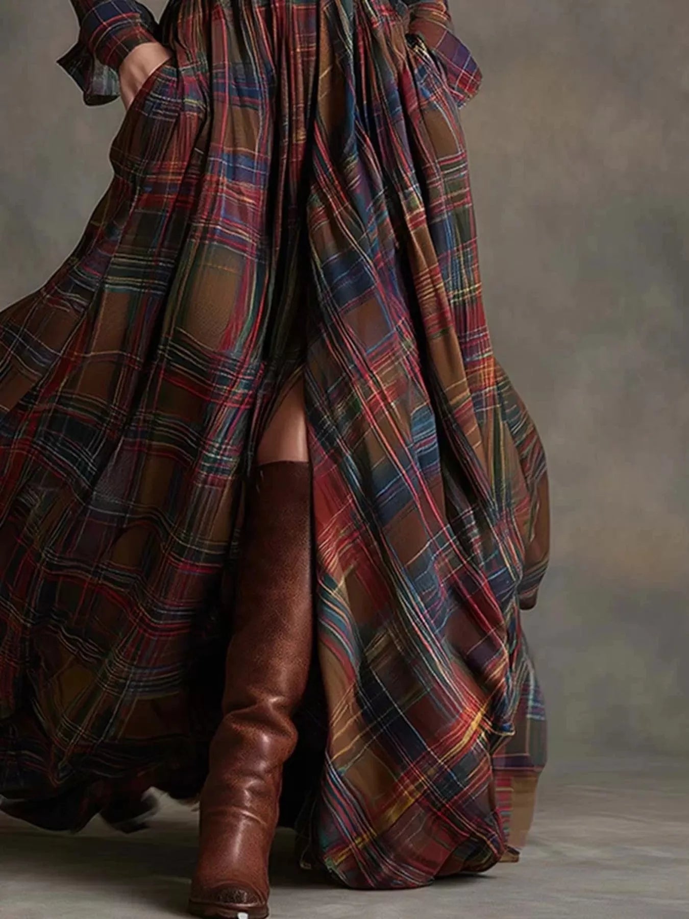 Trendsi Full Size Plaid Long Sleeve Shirt Maxi Dress Plus Size -