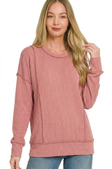 Trendsi Zenana Corded Rib Long Sleeve Round Neck Top -