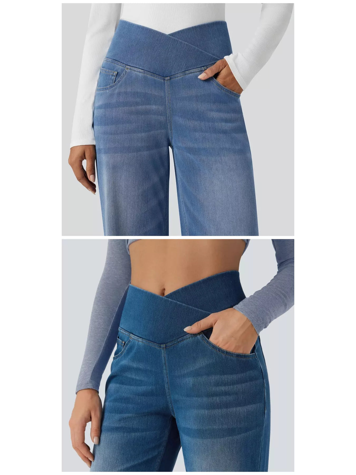 High-Waisted Crossover Straight-Leg Jeans, front detail