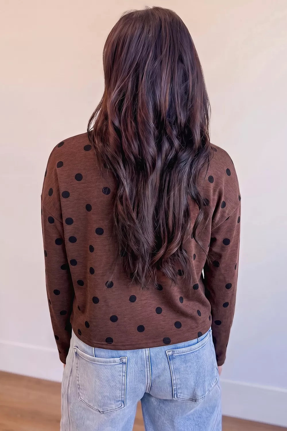 Polka Dot Button Front Long Sleeve Shirt in brown, back view