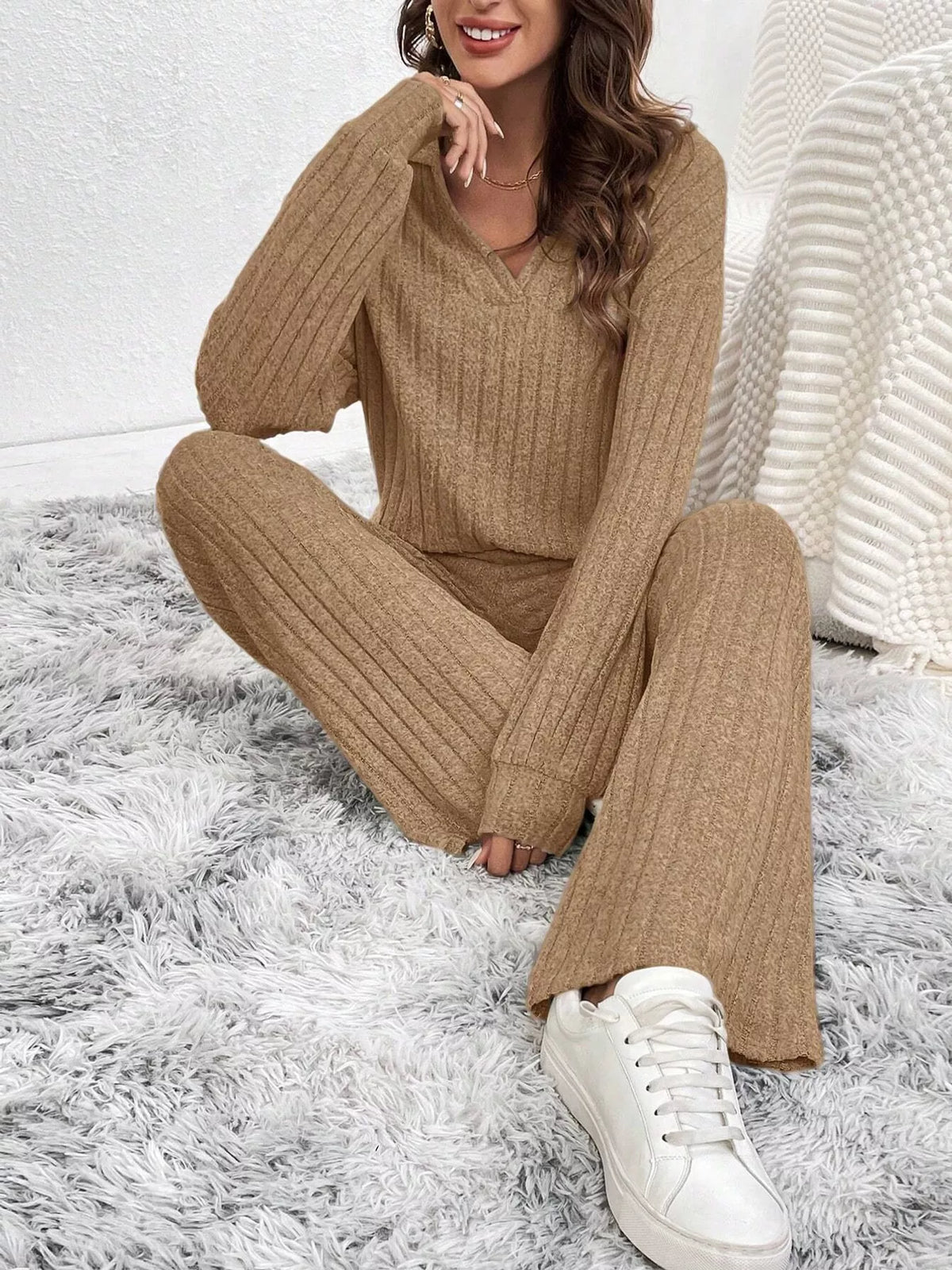 Ribbed Knit Collared Top and Wide Leg Pants Set in camel