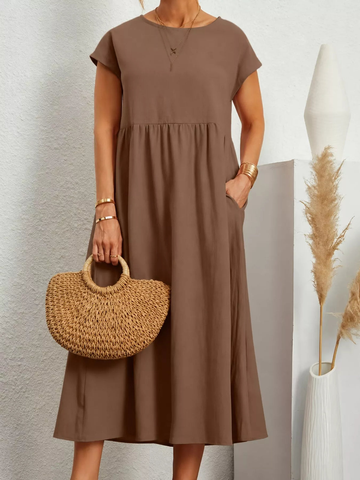 Round neck short sleeve midi dress, front view on model