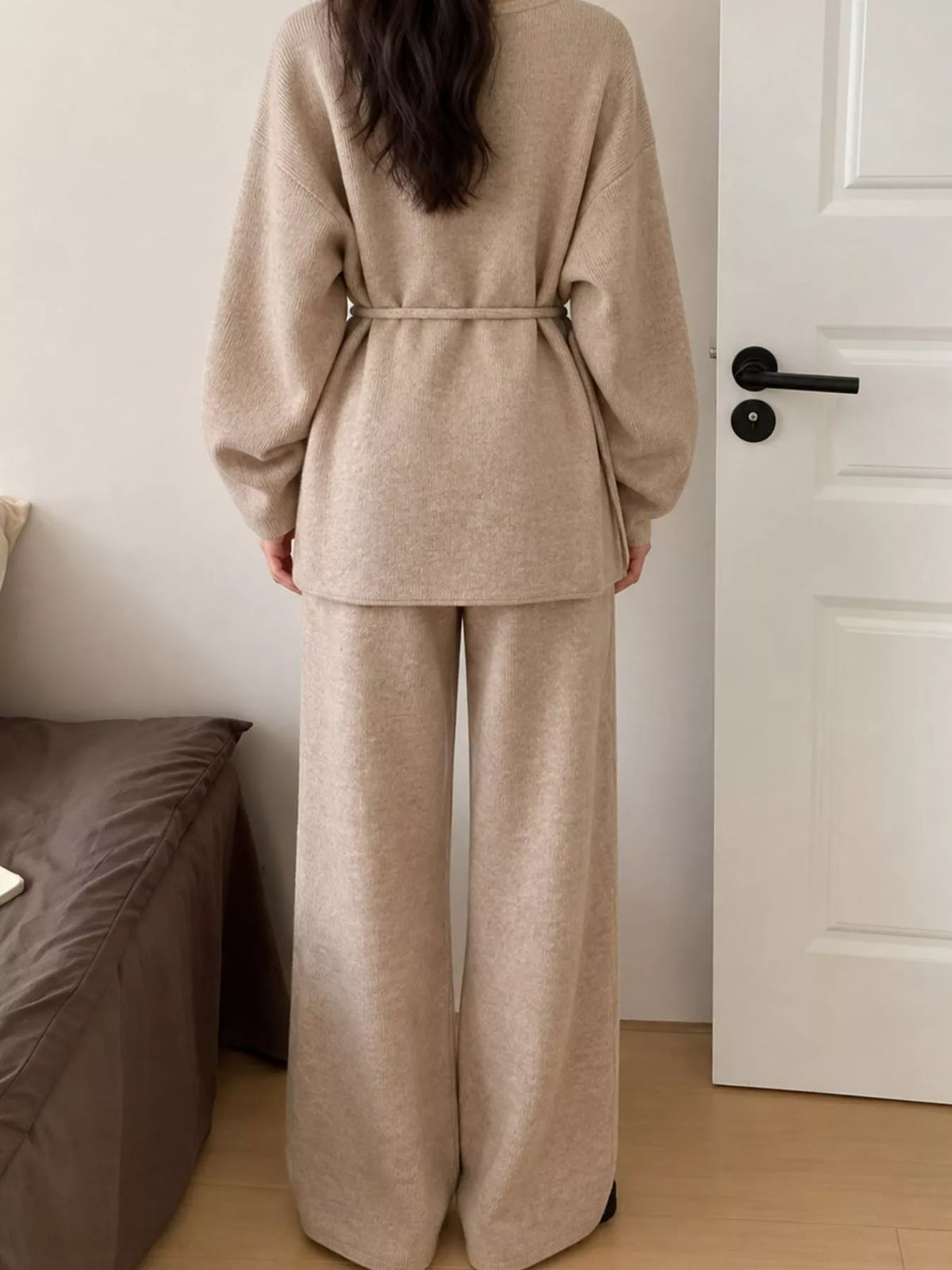 V-Neck Tied Wrap Cardigan and Wide-Leg Pants Sweater Set — back view