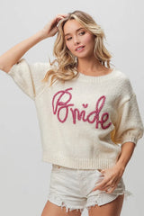 Trendsi BiBi Metallic Letter Short Puff Sleeve Hairy Sweater -