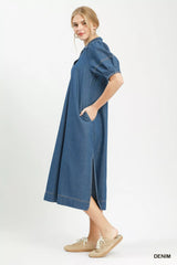 Trendsi Umgee Chambray Collared Puff Sleeve Dress -