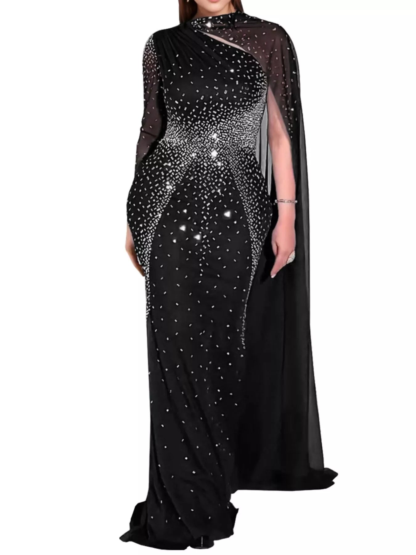 Trendsi Rhinestone Embellished Cape Maxi Dress -