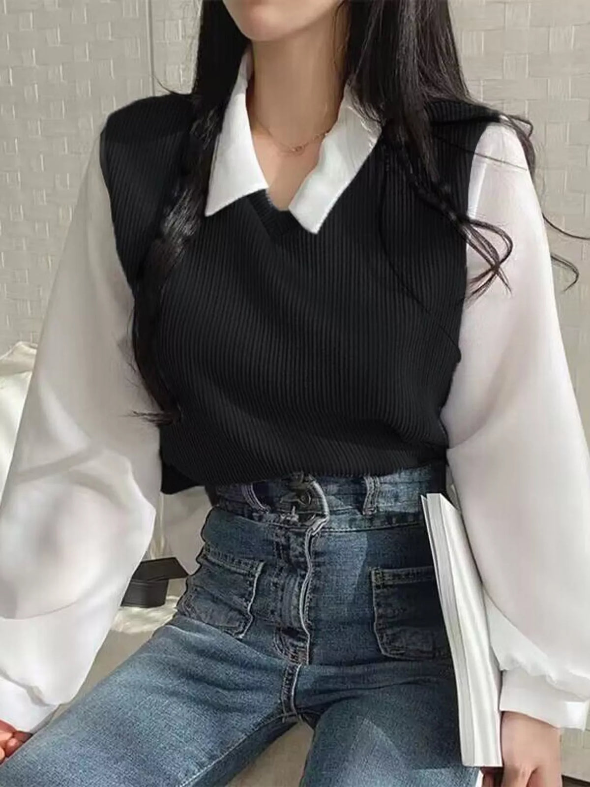 Layered blouse, black and white front